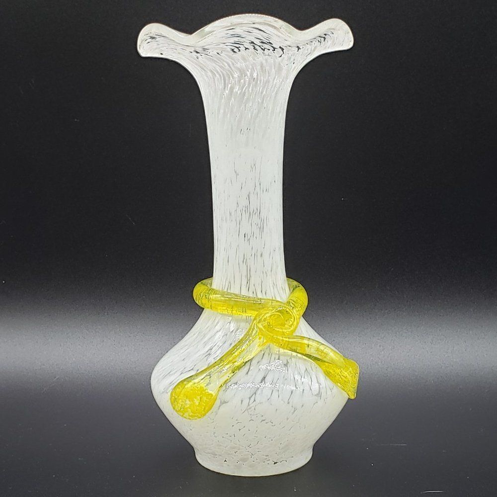 Vintage Murano Style White Spatter Yellow Ribbon Ruffled Top Art Glass Bud Vase